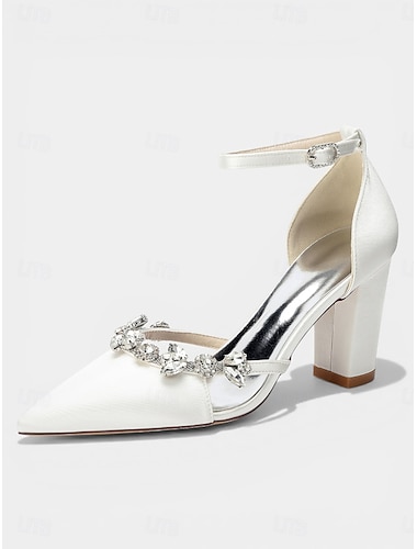  Paarse satijnen pumps met spitse neus en blokhakken, met strasssteentjes en enkelbandje, perfect voor cocktailparty's en bruiloften. &avondevenementen