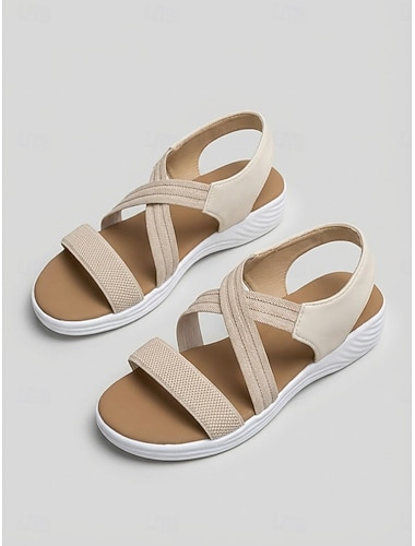  Beige damesandaler med elastiske stropper – lette sandaler med åpen tå, uformelle sommersko for reise, strand, ferie og hverdagsbruk