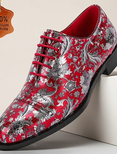  Pánské červené květinové žakárové oxfordky se šněrováním, luxusní společenská obuv pro svatební hosty, bankety, večírky, maturitní plesy a formální večerní akce.