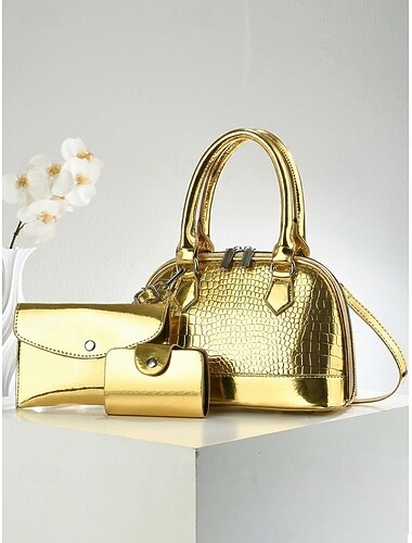  Zestaw 3 torebek damskich z lakierowanej skóry imitującej skórę krokodyla, wielokolorowa torebka na ramię z rączką u góry i regulowanym paskiem, saszetka na monety i uchwyt na karty, idealna do