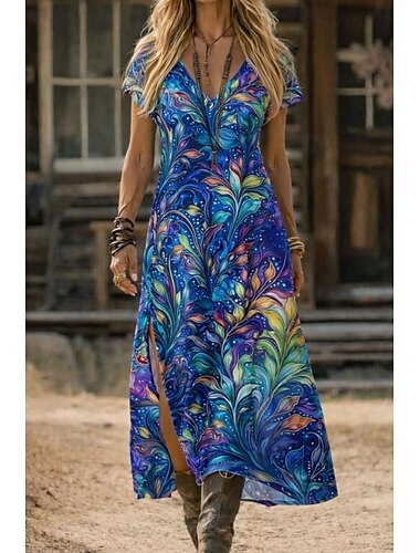  Femmes Robe Midi Robe d'Été Robe trapèze Vacances Occasionnel Boho Plage Sortir Coupe Standard Fleuri Graphique Manche Courte Col en V Bleu Violet Claire Été Printemps