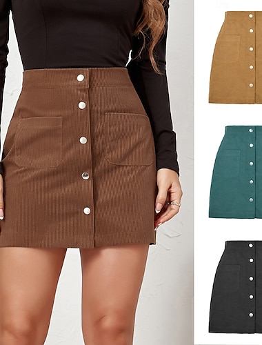 Dame Ferieskjørt Mote Fritid Mini Høy Midje Skjørt عادي Lomme Uelastisk Daglig Gate Svart Gul Rosa Vin Vår Kordfløyel Polyester