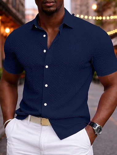  Herren Hemd Freizeithemd Knopfhemd Jacquard-Hemd Blau Schwarz Weiß Rosa Kaki Kurzarm Einfach Hemdkragen Lässig Täglich Rein Bekleidung Elegant Mode Lässig