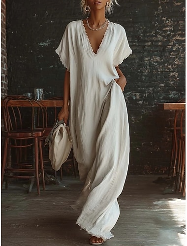  Damen Maxikleid Kunstbaumwollleinen A Linie Kleid Lässig Täglich Lässiger Schnitt Einfach Kurzarm V Ausschnitt Blau Schwarz Weiß Gelb Sommer Frühling