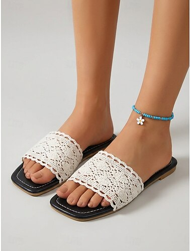  Sandálias rasteiras femininas de renda – chinelos respiráveis com tira de crochê, estilo boho casual para o verão, ideais para praia, férias ao ar livre e resorts.