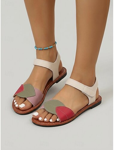  Beige platte sandalen met kleurblokken voor dames – verstelbare enkelband, open teenschoenen, casual, lichtgewicht zomerse platte schoenen voor op reis, stadswandelingen en tuinieren. &dagelijkse