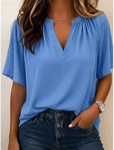  Damen Hemd Bluse Chiffon Tops Stilvoll Basic Kurzarm V Ausschnitt Normale Oberteile Lässig Blau Weiß Muster Schwarz / Rosa Wein Grün Sommer
