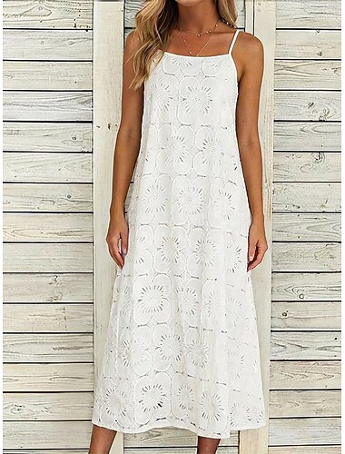  Mulheres Vestido midi Vestido branco Vestido de verão Básico Clássico Diário Férias Ajuste Largo Tecido Sem Manga Correias Branco Verão Primavera