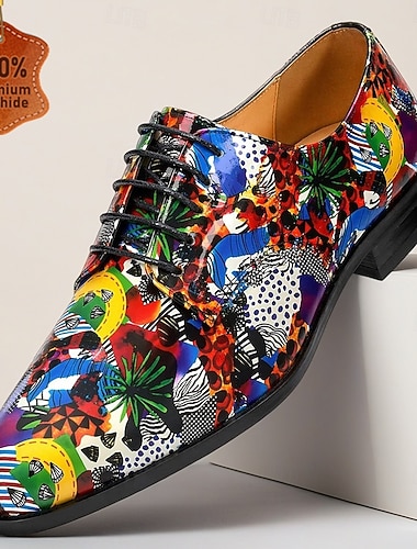  Sapatos Oxford masculinos com estampa tropical multicolorida, modelo de amarrar, um calçado ousado e marcante para convidados de casamento, banquetes, festas, formaturas e eventos noturnos de alta costura.
