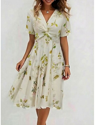  Femmes Robe Longueur Genou Robe en Chiffon Robe Fleurie Robe Imprimée Mode Moderne Quotidien Extérieur Vacances Coupe régulière Uni Manche Courte Col en V Vert Été Printemps