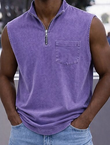  Herr Pikétröjor Tvätta skjorta i 100 % bomull Ledigt Helgdag Kinakrage Ärmlös Mode Grundläggande Slät Årgång Slät Sommar Vår Blå Rodnande Rosa Purpur Pikétröjor