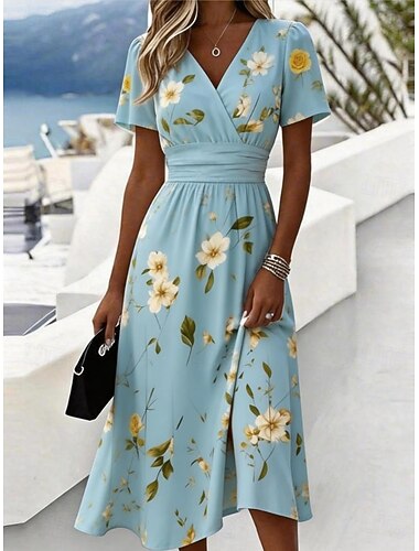  Dame Midikjole Skiftkjole Ferie Fritid Bohem Daglig Sommerkjole Vårkjole Normal Blomstret Grafisk Kortermet Crew-hals V-hals Blå Himmelblå Mørkeblå Sommer Vår