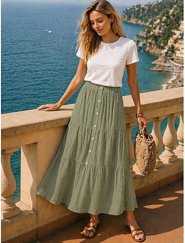  Γυναικεία Φούστα διακοπών Κομψό Μοντέρνα Ρούχα παραλίας Μακρύ Μεσαία Μέση Φούστες Μπλε Ρουά Πράσινο του τριφυλλιού Χακί Καλοκαίρι