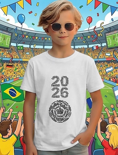  100% Baumwolle Kinder Jungen Weiß Grafik Fußball T-Shirt Bluse Rundhalsausschnitt Kurzarm Outdoor Alltagskleidung Mode Streetwear Designer Drucken Sommer
