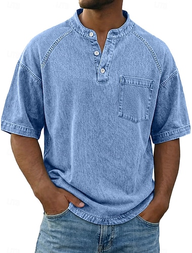  Herren T Shirt Jeans hemden Hemd aus 100 % Baumwolle in Säurewaschung Kurzarm Stehkragen Henley Herbst Winter Frühling Herbst Einfach Vintage Streetwear Lässig Tasche Stückgefärbt Gewaschen Lässig