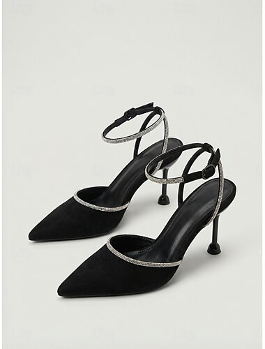  Dames pumps met spitse neus en enkelbandje met strasssteentjes - elegante suède pumps voor een avondfeest. & bruiloft