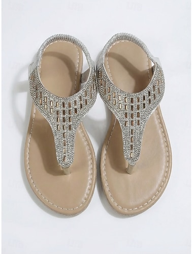  Sandales plates à brides en T élégantes et scintillantes, ornées de strass argentés, pour femmes - idéales pour les vacances à la plage et les mariages en bord de mer. &vêtements de croisière d'été