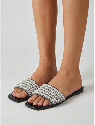  Dames slippers met zwarte parelversiering - chique platte strandslippers met bandjes van imitatieparels voor eilandvakanties en zomerresorts. &elegant loungen bij het zwembad