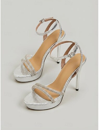  Damskor med platå i guldfärgad stiletto - strasband för cocktailparty och aftonklänningar