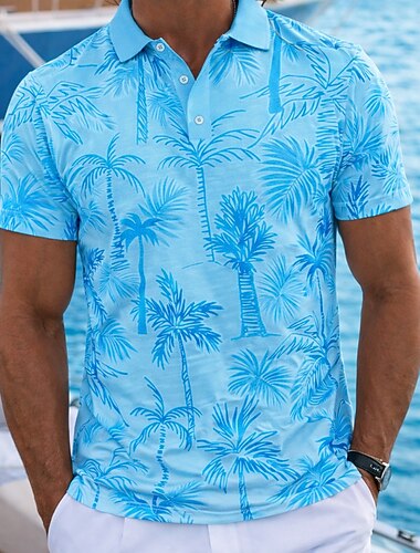  男性用 ヤシの木 ハワイアンポロシャツ 半袖 ポロシャツ ラペル カジュアル アスレイジャー デイリーウェア バケーションウェア 3Dプリント ボタン 高通気性メッシュ 春夏 ブルー オレンジ グリーン