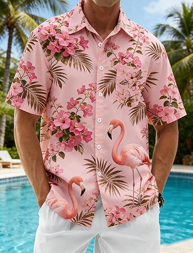  בגדי ריקוד גברים פלָמִינגוֹ ציפור פרחים טרופיים חולצות הוואי חולצות טרופיות חולצת אלוהה שרוולים קצרים הוואי חופשת חוף קיץ צווארון מתקפל הדפסת תלת מימד כיס אחד קדמי חולצות מכופתרות פול ורוד מסמיק תלתן