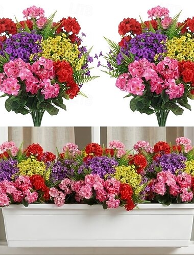  5 mazzi di lussuosi fiori di gerani artificiali, fiori finti resistenti allo sbiadimento e protetti dai raggi UV con fogliame, piante decorative a bassa manutenzione per casa, patio, veranda,