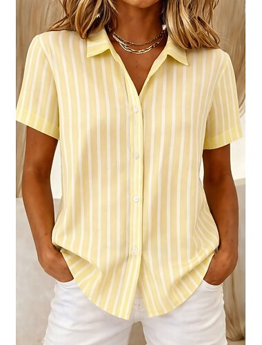  Γυναικεία Πουκάμισο Γραφική Γεωμετρικό Ριγέ Βίντατζ Τροπικό Στυλάτο Κοντομάνικο Κολάρο Πουκαμίσου Κανονικά μπλουζάκια Causal Καθημερινά Άσπρο και Μπλε Άσπρο+Κίτρινο Καλοκαίρι Άνοιξη