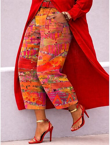  女性用 ワイドレッグ チノパン スラックス クロップドパンツ 旅行度假风 ヴィンテージ ベーシック 全長 ハイウエスト フラワー グラフィック 抽象的 弾性ウエストバンド プリント 快適 履き心地よい 通気性 伸縮性なし 日常 アウトドア ストリート ブルー ダークブラウン オレンジ 夏 春 レギュラー