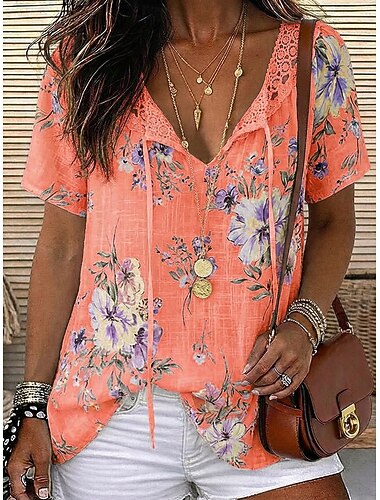  Dame Bluse Chiffongoverdeler Blonde topper Blonde Blomstret Stilfull Moderne Kortermet V-hals Lange topper Avslappet Ferie Høst Blå Hvit Rosa Oransje Grønn Sommer Vår