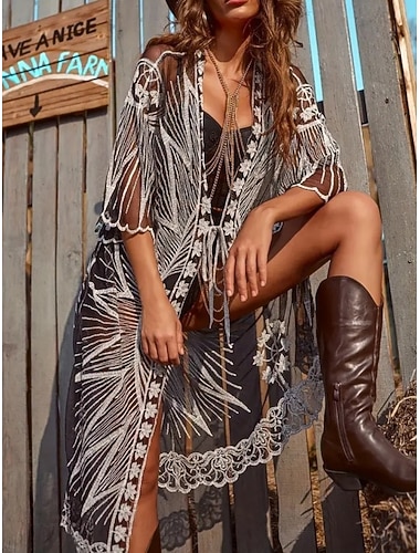  Damen Badeanzug Überwurf Bademode Spitze Urlaub Strandbekleidung Blumen V Ausschnitt Langarm Badeanzüge
