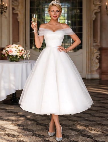  Robe de bal Longueur thé Robes de mariée Robes pour enterrement de vie de jeune fille robe de mariée Petites Robes Blanches Manches Courtes Épaules Dénudées Remise des Diplômes Anniversaire Dentelle