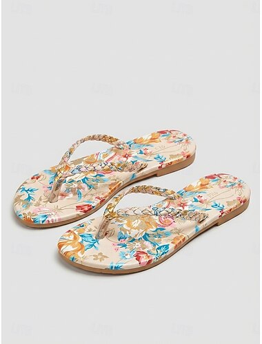 Dames slippers met bohemian bloemenprint - tropische zomerstrandsandalen met gevlochten bandjes &Levendige bloemenpatronen voor eilandvakanties &loungen bij het zwembad