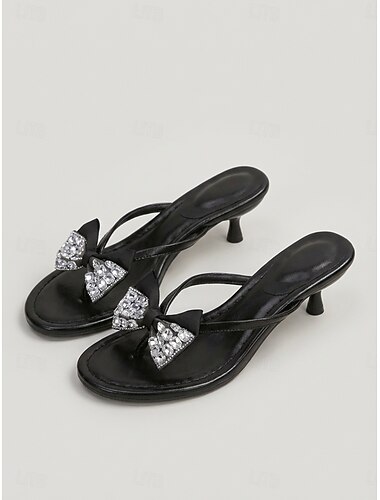  Elegante zwarte teenslippers met strik voor dames - chique teenslippers met kittenhak en decoratieve strik, perfect voor luxe cruisevakanties en zomerse feestjes op het dek. &tropische resortkleding