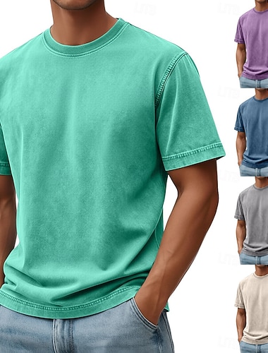  Herren T Shirt Hemd aus 100 % Baumwolle in Säurewaschung T-Shirt Kurzarm Rundhalsausschnitt Sommer Frühling Herbst Einfach Retro Vintage Lässig Vintage-Stil Stückgefärbt Betrübt Lässig Blau Schwarz