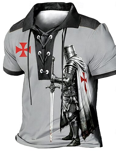  男性用 テンプル騎士団 ポロシャツ 半袖 ポロシャツ ラペル ヴィンテージ カジュアル ストリートウェア デイリーウェア 3Dプリント 高通気性メッシュ 春夏 ブルー ブラック ブラウン