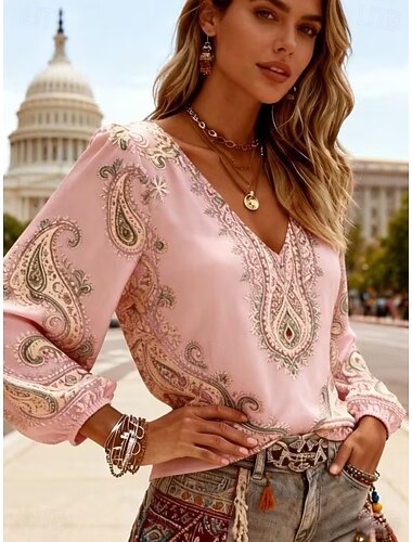  בגדי ריקוד נשים חולצה חולצת בוהו דפוס גראפי פייסלי אלגנטית בוהמיה חופשה שרוול ארוך צווארון V חולצות רגילות קזו'אל יומי חגים ירוק דשא לבן ירוק בהיר ורוד מסמיק אודם קיץ אביב