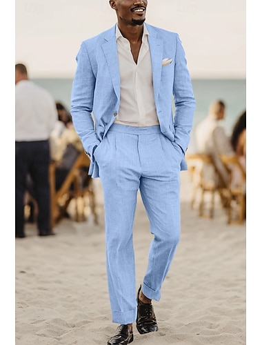  Heren Linnen pakken Strand bruiloft Wit Hemelsblauw Lente zomer Pak Ingesneden revers Formeel Effen Getailleerd 2-delige set Enkele rij knopen met twee knopen
