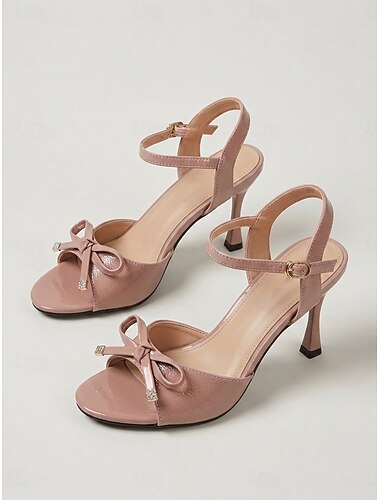  Roze damessandalen met open neus, hoge hak en strik, elegante schoenen voor bruiloftsgasten bij een tuinbruiloft. &buitenevenementen