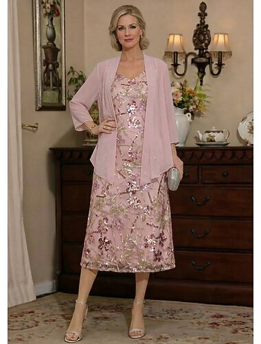  Todelt A-linje Dress dress Te-lengde Gjestekjole til bryllup Løstsittende Kjole til brudens mor Ermeløs 3/4 ermer Båthals Elegant Enkel Fritid Formell Bryllupsgjest Blonder med Paljett Broderi