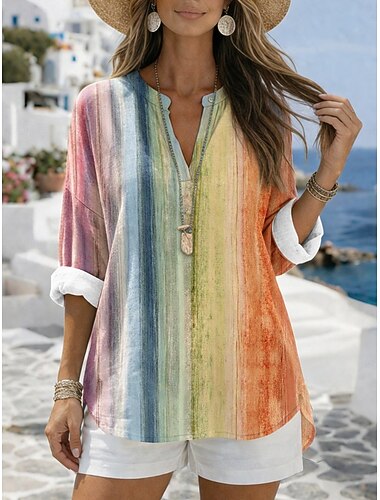  Damskie Bluzka Nadruk Graficzny Geometryczny Zabytkowe Codzienny Elegancki Długi rękaw W serek Zwykłe topy Codzienny Święto Niebieski Żółty Fioletowy Pomarańczowy Lato Wiosna