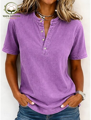  Per donna Maglia Henley Vintage Moda Elegante Manica Corta Top Regolari Casuale Spiaggia Blu Viola Cachi Primavera