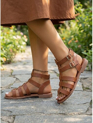  brune gladiatorsandaler med spenne til dame, flate sko med åpen tå og stropper, hverdagssko for sommerbruk, shopping, reiser, ferie &uformelle utflukter