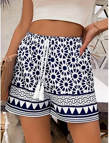  Damen Chinos Shorts Vintage Boho Kurz Hohe Taille Blumen Grafik Tasche Elastischer Bund Druck Bequem Komfort Weich Mikroelastisch Outdoor Urlaub Straße Blau Sommer Frühling Herbst Normale Passform