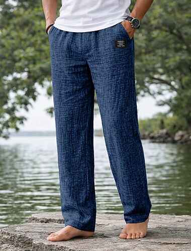  בגדי ריקוד גברים מכנסי פשתן מכנסי קיץ מכנסי חוף אלסטית מותניים רגל ישרה אחיד קומפורט קל משקל באורך מלא קזו'אל יומי בָּחוּץ חופשה אופנתי פול שחור מיקרו-אלסטי