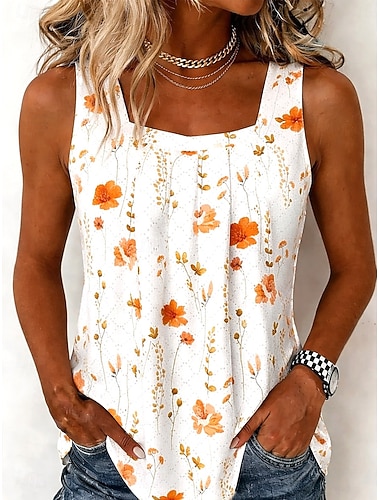  Damen Tank Top Druck Blumen Grafik Pflanzen Vintage Stilvoll Klassisch Ärmellos U-Ausschnitt Normale Oberteile Lässig Täglich Ausgehen Weiß Rote Orange Sommer Frühling
