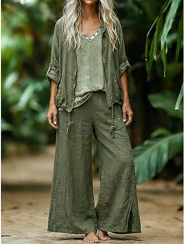  Per donna Set di biancheria in cotone Set da due pezzi Set di Pantaloni Manica Lunga Scollo a V Semplice Moda Streetwear Casuale Quotidiano All'aperto Verde Primavera Vestibilità comoda