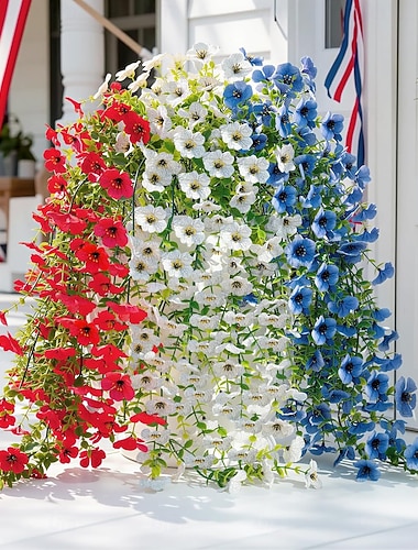  Umělé falešné závěsné květiny rostliny k 4. červenci pro venkovní použití, 6 ks rostlin z umělého hedvábí k pamětnímu dni, 30'' červená, bílá, modrá, UV odolná květina pro veterány nezávislosti,