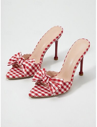  סנדלים אלגנטיים עם עקבים גבוהים בצבע אדום ולבן לנשים - סנדלים מחודדים ואלגנטיים עם פפיון &נעלי עקב סטילטו לארוחות ערב באתרי נופש קיציים, מסיבות גן רטרו &סגנונות שיק לפיקניק