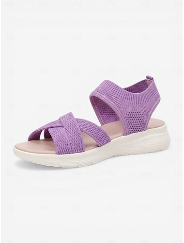  Sandalias cómodas de punto morado para mujer: zapatos deportivos casuales, ligeros y transpirables con tiras cruzadas para caminar para mujer, suela de soporte con ajuste elástico para viajes, playa,