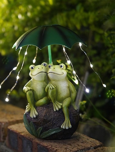  مصباح خارجي يعمل بالطاقة الشمسية، مصنوع من الراتنج المقاوم للماء، على شكل زوج من الضفادع مع مظلة، مصباح LED زخرفي للحديقة والفناء والمروج والممرات والباحات - إضاءة محيطية للمناظر الطبيعية